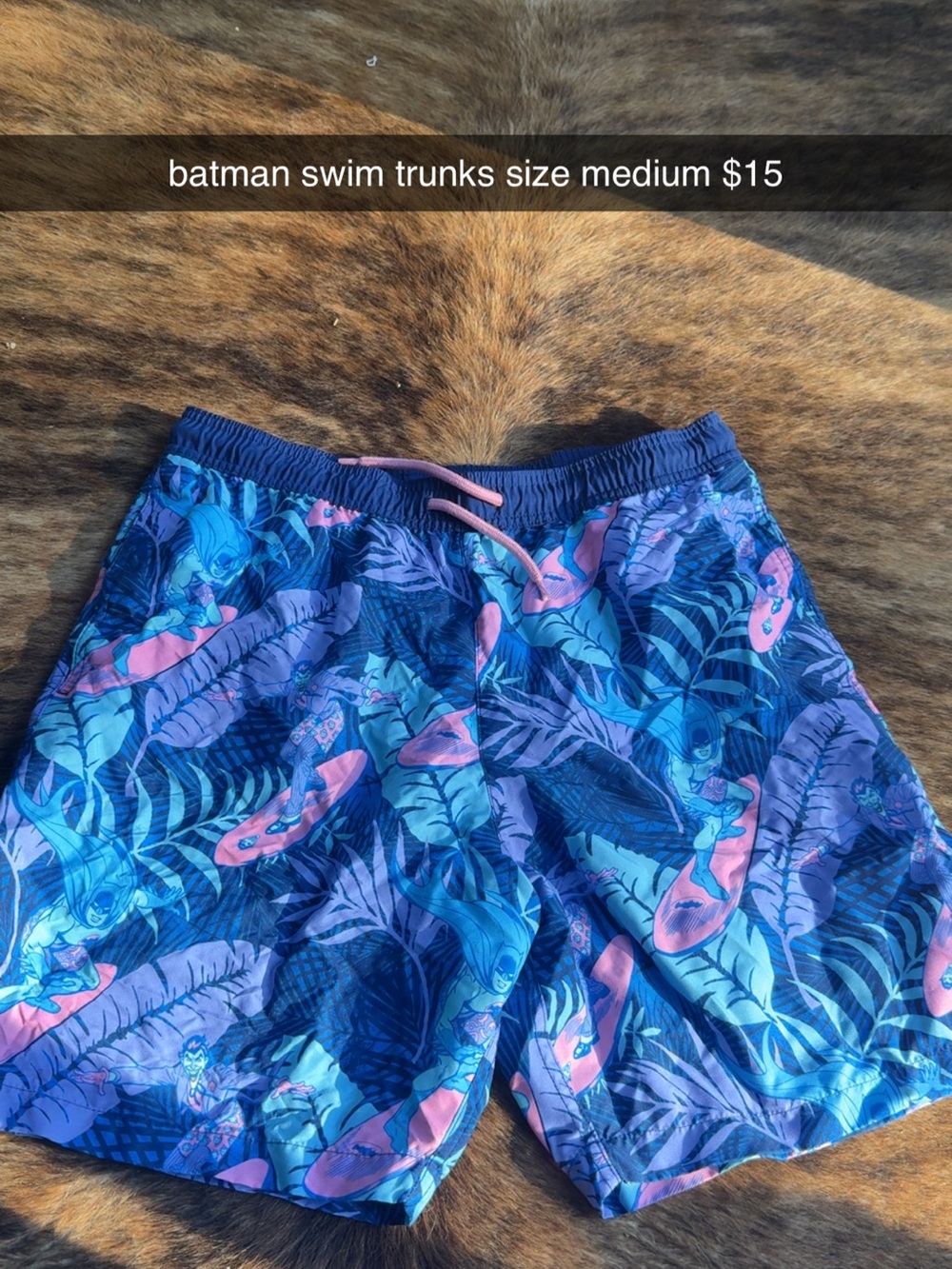 Batman Men’s Swim Trunks in Blue and Pink Accents